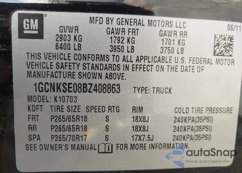 2011 Chevrolet Silverado 1500 Lt z USA, uszkodzony, nr VIN 1GCNKSE08BZ408863